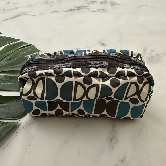 Le Sportsac Small Makeup Case Bag Blue Brown Retro Geometric Print Pouch - Picture 1 of 5